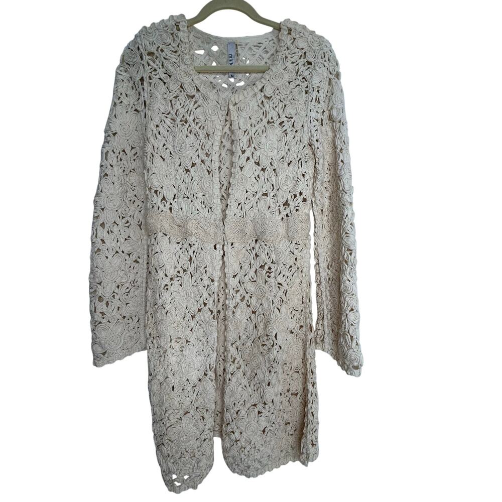 Miilla crochet long cream cardigan open weave medium boho coquet beach cottage